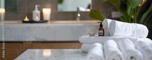 Contemporary spa bathroom setup with white luxury towels and calming wellness therapies photo