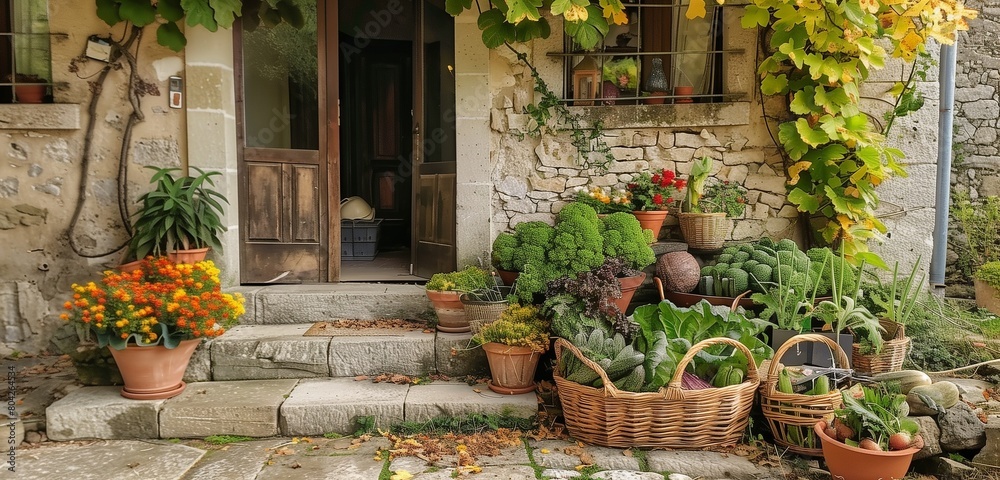 A charming rural home with baskets of freshly picked vegetables on the doorstep.