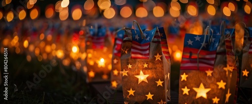 Patriotic paper bag luminaries with LED candles , professional photography and light photo
