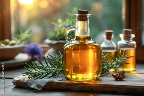 Olive Oil and Olives on Wooden Table at Sunset A rustic setting of olive oil glass bottle and a bowl jug of mixed liquid extra virgin olives on a wooden table in windows plant background