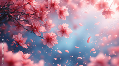 Sakura Petals Dancing in the Blue Sky Illustration with Pastel Tones © btiger