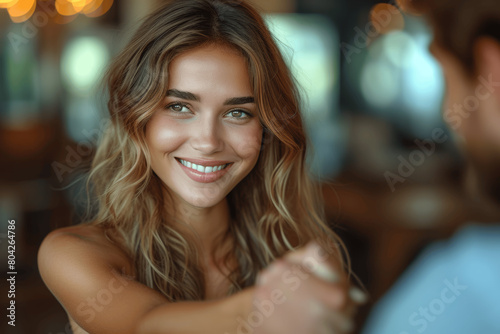 Wallpaper Mural Satisfied Professional Woman Handshaking with Male Colleague in Office Meeting Torontodigital.ca