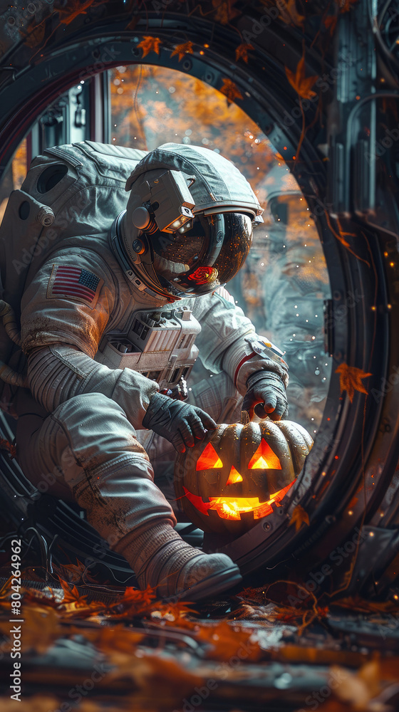 An astronaut sits on a pumpkin in an overgrown spaceship