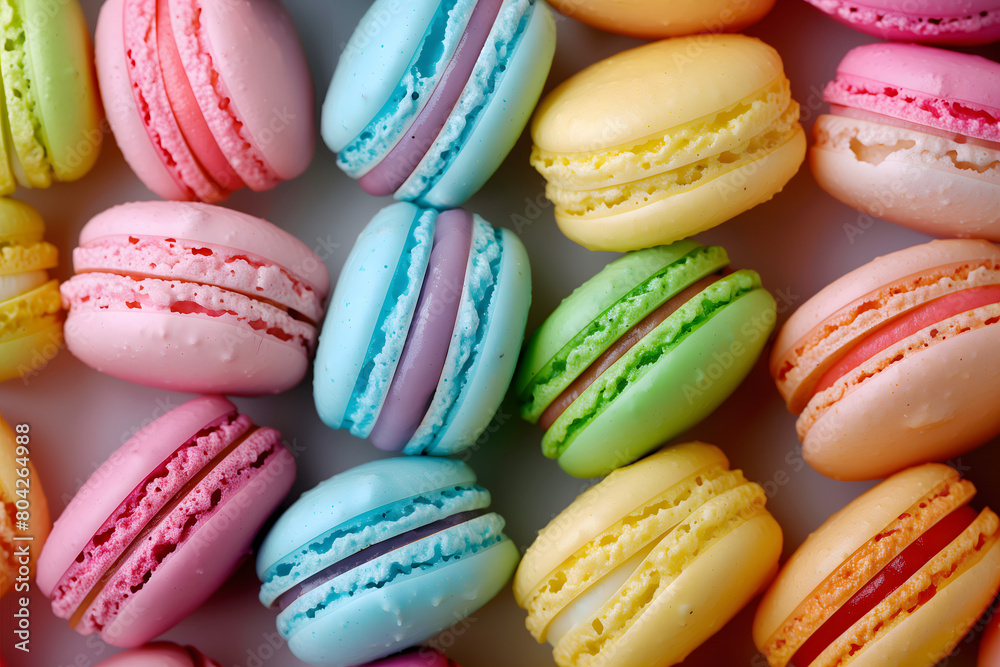 Top view showcasing an array of vibrant macarons, each one a delightful burst of color and flavor Top view showcasing an array of vibrant macarons, each one a delightful burst of color and flavor