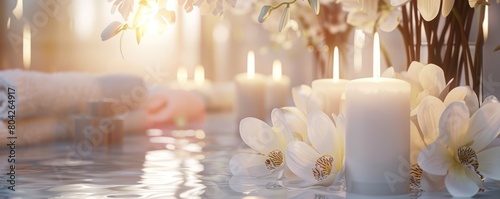 Relaxing spa atmosphere with a focus on white luxury and soothing background elements like candles
