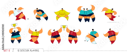 Soccer players kick the ball, jump, run and play football