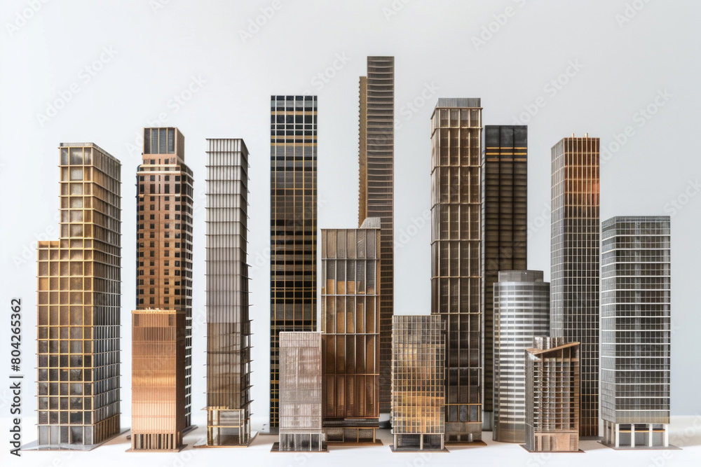 A collection of modern architectural models or miniature skyscrapers made from metal or acrylic, arranged in a grid pattern on a plain surface. A collection of modern architectural models or miniature skyscrapers made from metal or acrylic, arranged in a grid pattern on a plain surface.