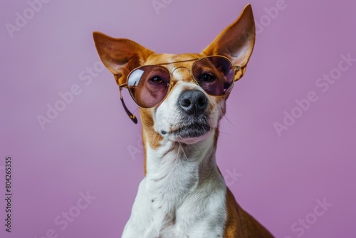 basenji dog wearing sunglasses on purple background. Optics eyewear salon ad with copy space.