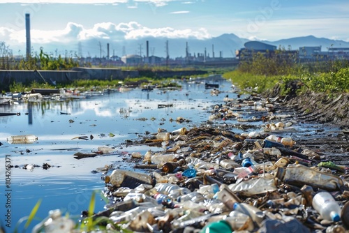 Polluted Waterway with Plastic Waste and Industrial Background