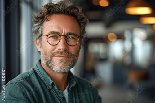 Happy Middle-Aged Businessman Smiling in Office Setting