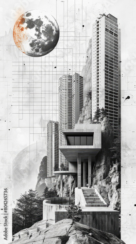 Black and white illustration of a futuristic city with a large moon in the background.