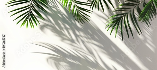 Palm leaves shadows on a white wall background  an abstract summer concept banner with space for copy. A realistic photo of palm leaves  shadows on a beige white concrete wall. A background with shad