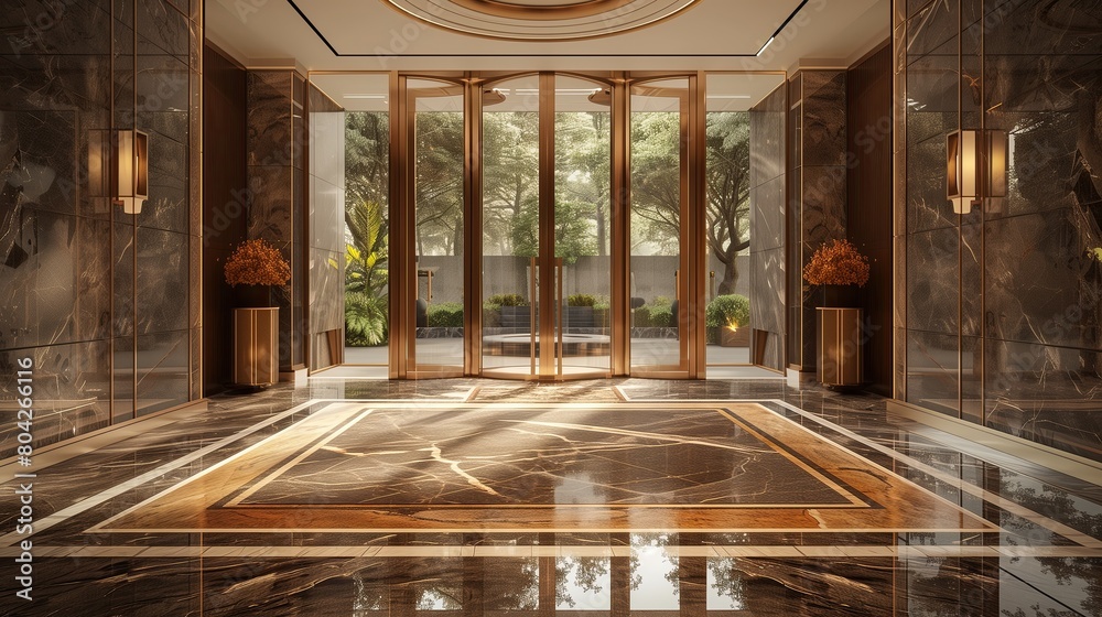 Fototapeta premium Elegant entrance with a marble-clad foyer and a custom-designed welcome mat