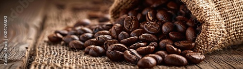 A detailed closeup of coffee beans spilling from a burlap sack, highlighting their glossy texture and rich color photo