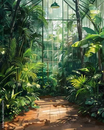 A greenhouse filled with tropical plants, where a plant parent teaches children how to care for exotic species