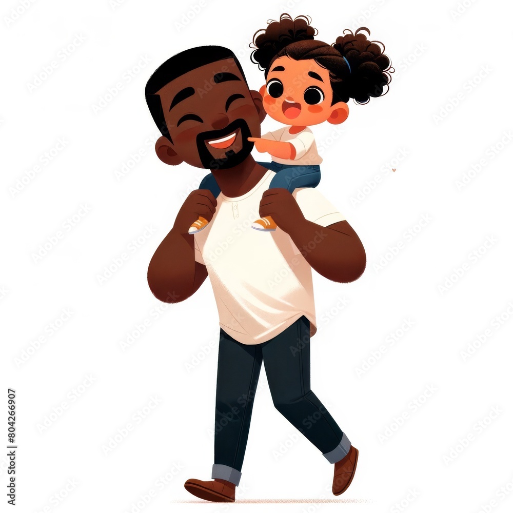 Cartoon-style illustration depicting a joyful father carrying his little daughter on his back, both sharing a cheerful moment. Cartoon-style illustration depicting a joyful father carrying his little daughter on his back, both sharing a cheerful moment.
