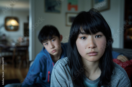 Asian woman with black hair and bangs sitting on the couch in her living room, worried about her teenage son standing behind her.
