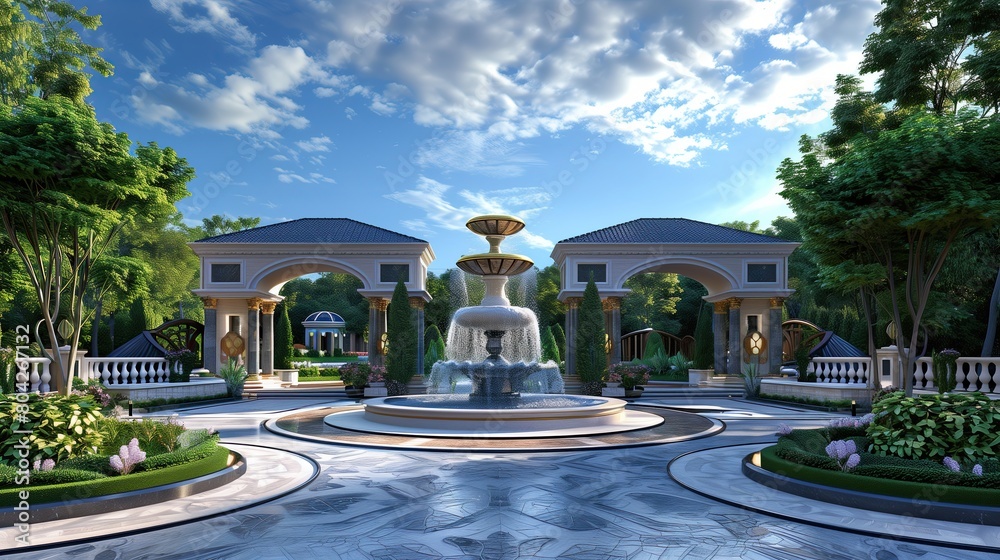 Grand entrance with a circular driveway and a stunning fountain centerpiece
