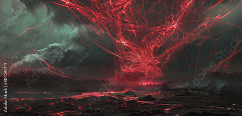A surreal tableau of electric red tendrils weaving through the air above a desolate wasteland, casting an eerie radiance on the parched earth below.