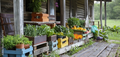 A picturesque homestead with colorful crates of fresh vegetables lining the porch. photo