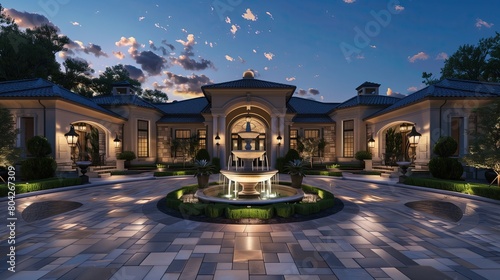 Grand entrance with a circular driveway and a stunning fountain centerpiece