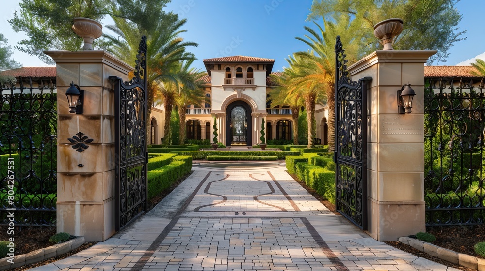 Fototapeta premium Grand entrance with a custom-designed iron gate and a landscaped courtyard