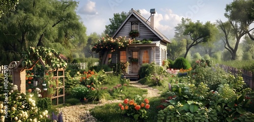 A quaint cottage with a flourishing vegetable garden in the backyard.