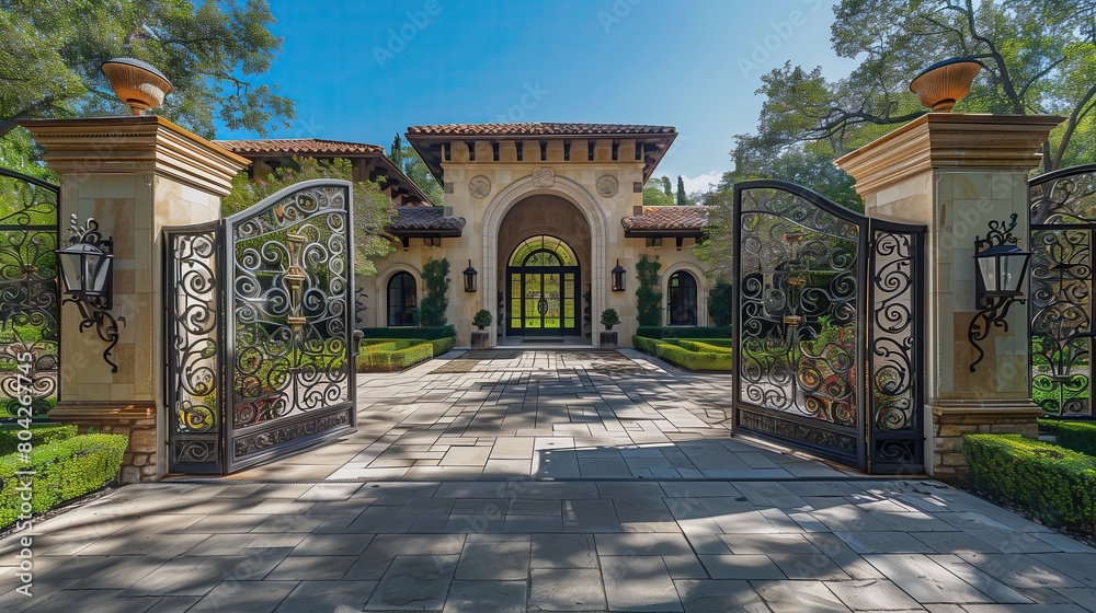 Grand entrance with a custom-designed iron gate and a landscaped courtyard