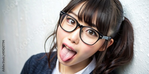 眼鏡をかけた女性モデルがふざけて舌を出す表情