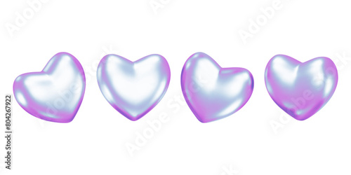 3d holographic hearts set. Various chrome elements. Geometric y2k shape for futuristic and techno designs. Metallic love symbol. Vector illustration. Romantic stickers, Valentine's Day glow icon. © Marina
