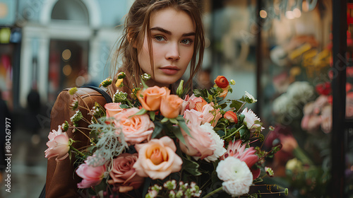 
a beautiful stylish girl walks around the city with a large bouquet of flowers
