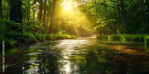 Serene Forest Stream with Glistening Sunlight Rays Reflecting on the Calm Waters Capturing the Natural Beauty through Outdoor Photography © Thares2020