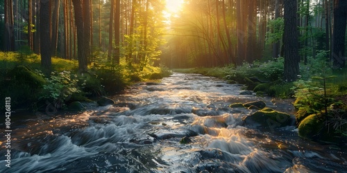 Capturing the Serene Beauty of a Cascading Forest Stream in Golden Sunlight