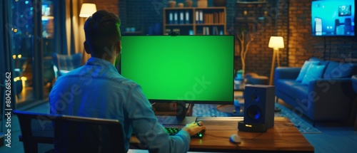 Detailed portrait of a creative man working at his desk using a desktop computer with a mock-up green screen, finishing up details on a project at night. photo