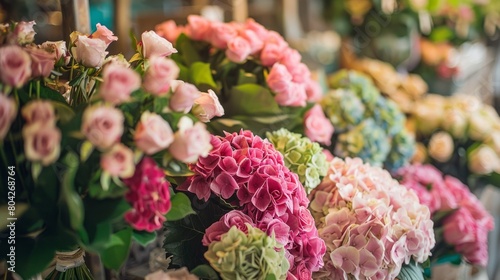 A bouquet of flowers with pink and green hues
