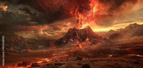 Fiery tendrils of red electricity erupting from the mouth of a dormant volcano in the heart of the desert, casting an ominous glow on the surrounding wasteland. photo