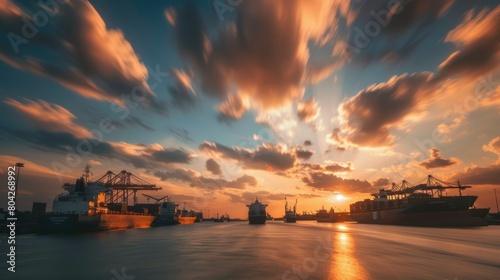 A time-lapse shot of cargo ships entering and leaving a busy port, with clouds drifting across the sky and the sun rising or setting in the background photo