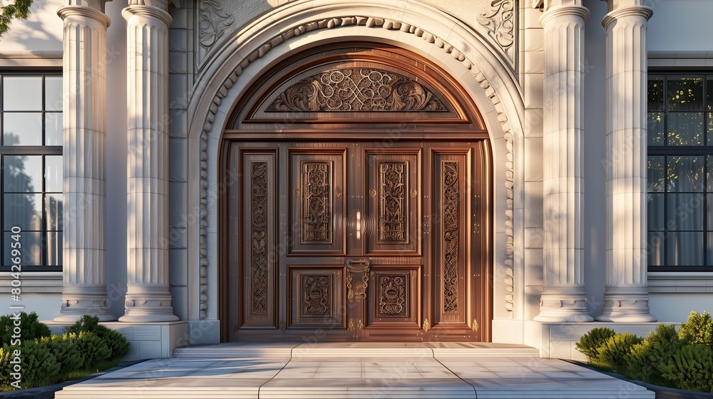 Obraz premium Grand entrance with a large wooden door and a handcrafted stone archway