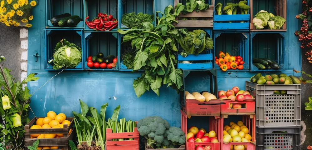 Colorful crates filled with an assortment of fresh vegetables displayed outside a cottage.