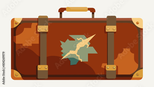 A vintage suitcase with a cracked leather exterior revealing a glimpse of the tattered map lining inside.. Vector illustration