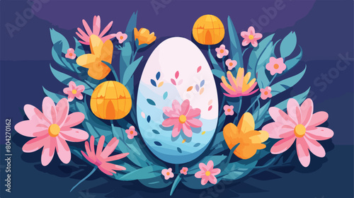 Easter egg and flowers on color background 2d flat
