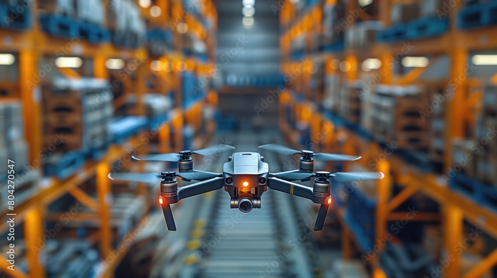 Automated drones hover overhead, conducting inspections and monitoring inventory levels with advanced sensors and cameras