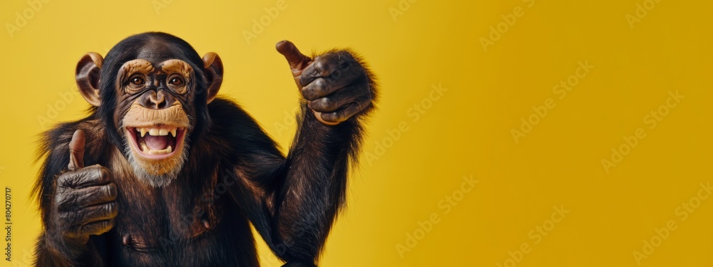 Funny wild zoo animal banner - Happy laughing monkey, chimpanzee, giving a thumbs up, paw up, isolated on yellow background Funny wild zoo animal banner - Happy laughing monkey, chimpanzee, giving a thumbs up, paw up, isolated on yellow background