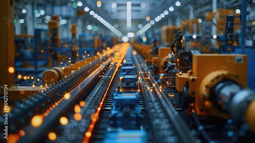 Graphic overlays illustrate the interconnected network of machinery, showcasing the seamless integration of technology within the manufacturing environment