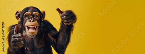 Funny wild zoo animal banner - Happy laughing monkey  chimpanzee  giving a thumbs up  paw up  isolated on yellow background