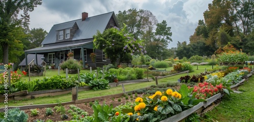 /imagineA quaint farmhouse with a colorful vegetable garden flourishing in the backyard. photo