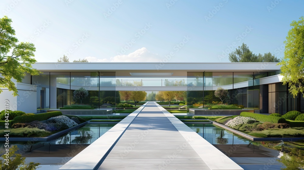 Modern entrance with a glass bridge over a landscaped moat