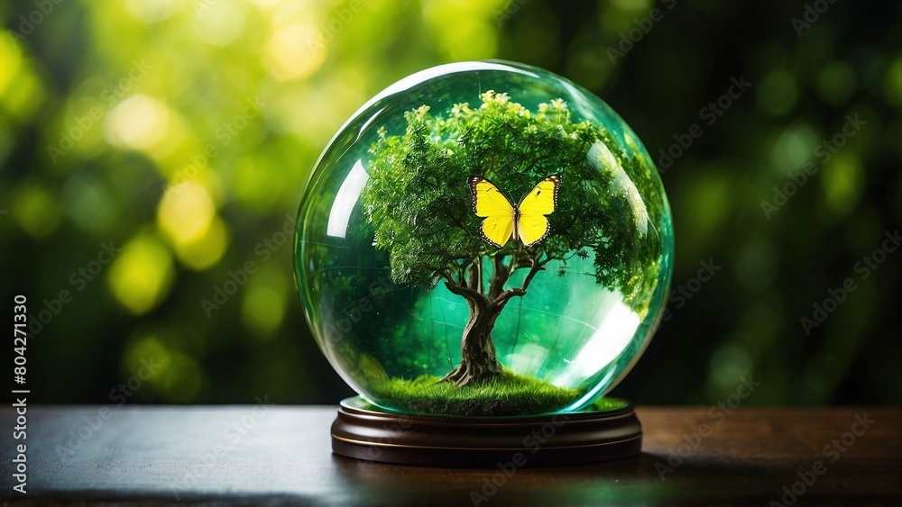 A glass earth globe with a tree, illuminated by sunlight with a yellow butterfly accenting the green setting. Earth Day and World Environment Day concept