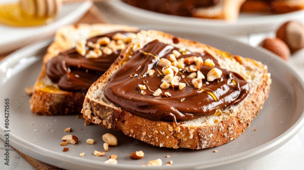 Delicious Chocolate Hazelnut Spread on Toast with Chopped Nuts Delicious Chocolate Hazelnut Spread on Toast with Chopped Nuts