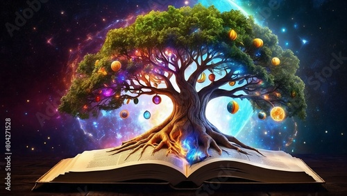 Tree of life coming from the opened book, with cosmic portal and universe behind, horizontal fantasy background 